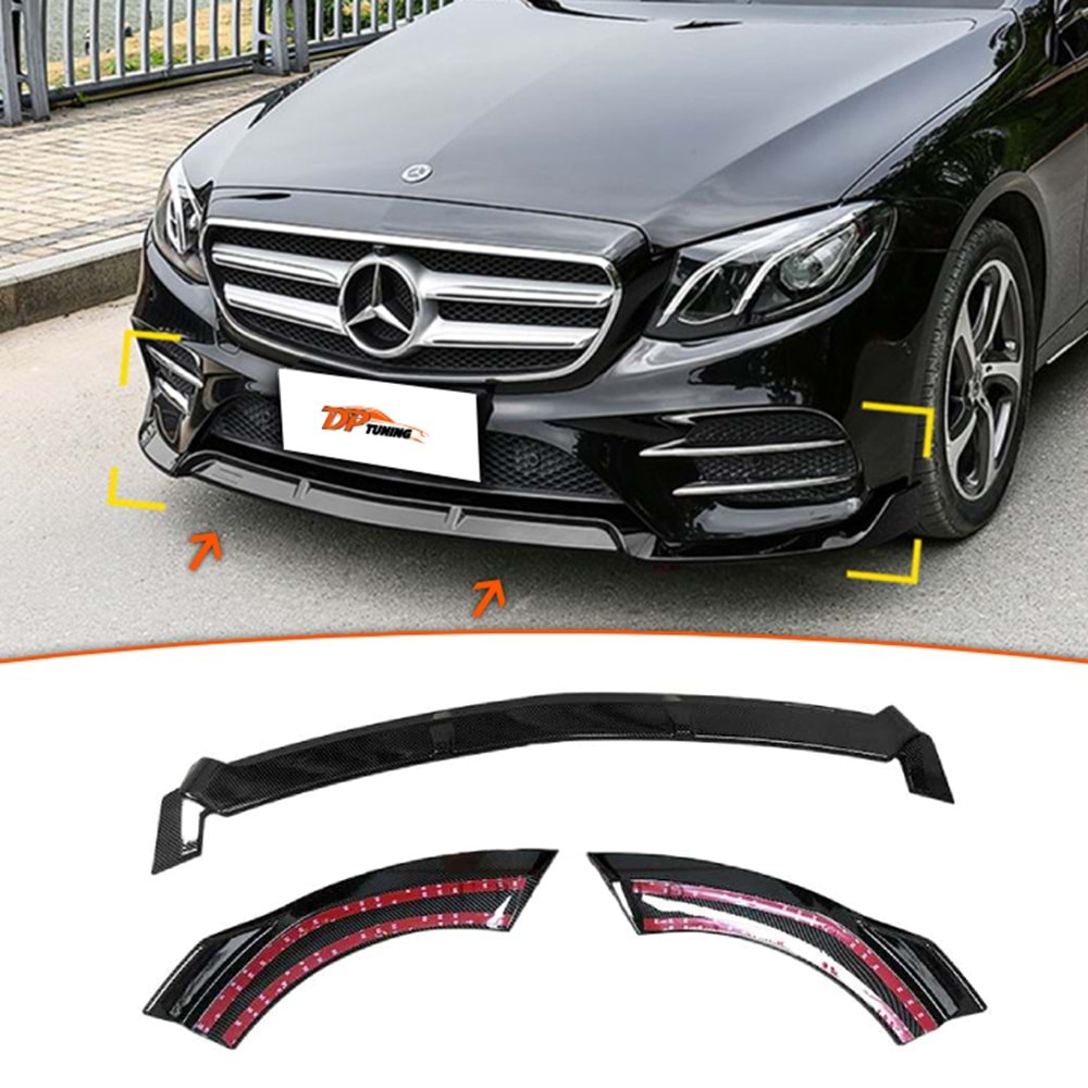 W213 Front Lip Piano Black ABS / 2017 - 2020 (3 Pieces)