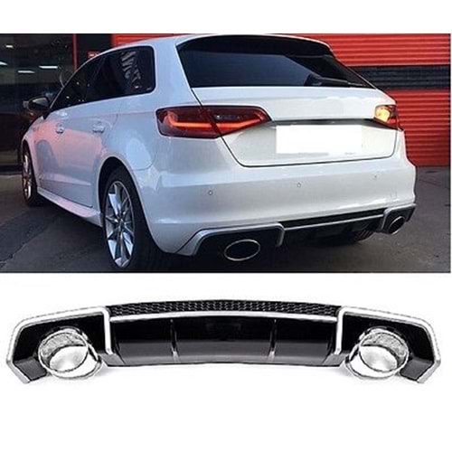 A3 RS3 Rear Diffuser + Exhaust Chrome Tips Piano Black ABS / 2012-2016