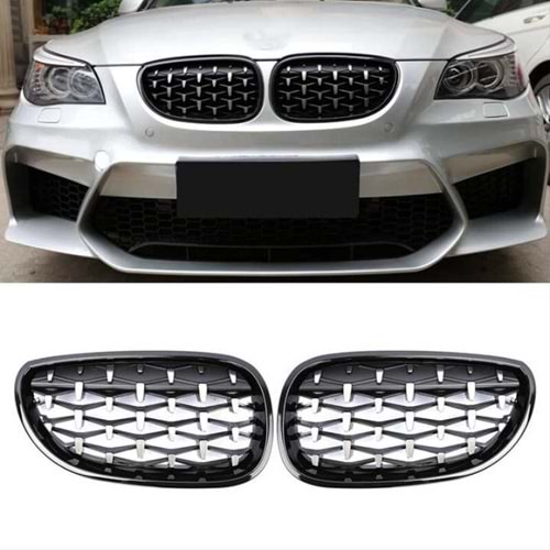 E60 Diamond Front Grille ABS / 2003-2007 (Piano Black Frame + Chrome)