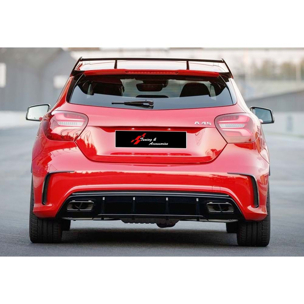 A Series W176 A45 AMG Rear Diffuser Piano Black Left + Right Dual Outputs Vacuum Plastic / 2012-2018